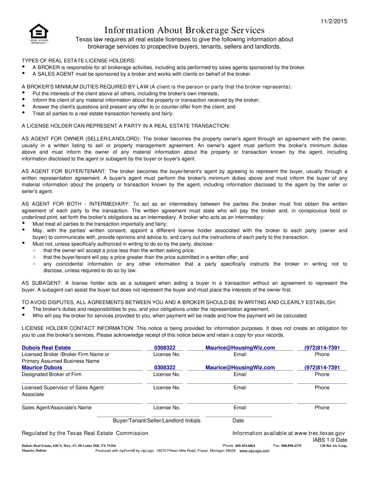 Form - Information About Brokerage Services - 1200